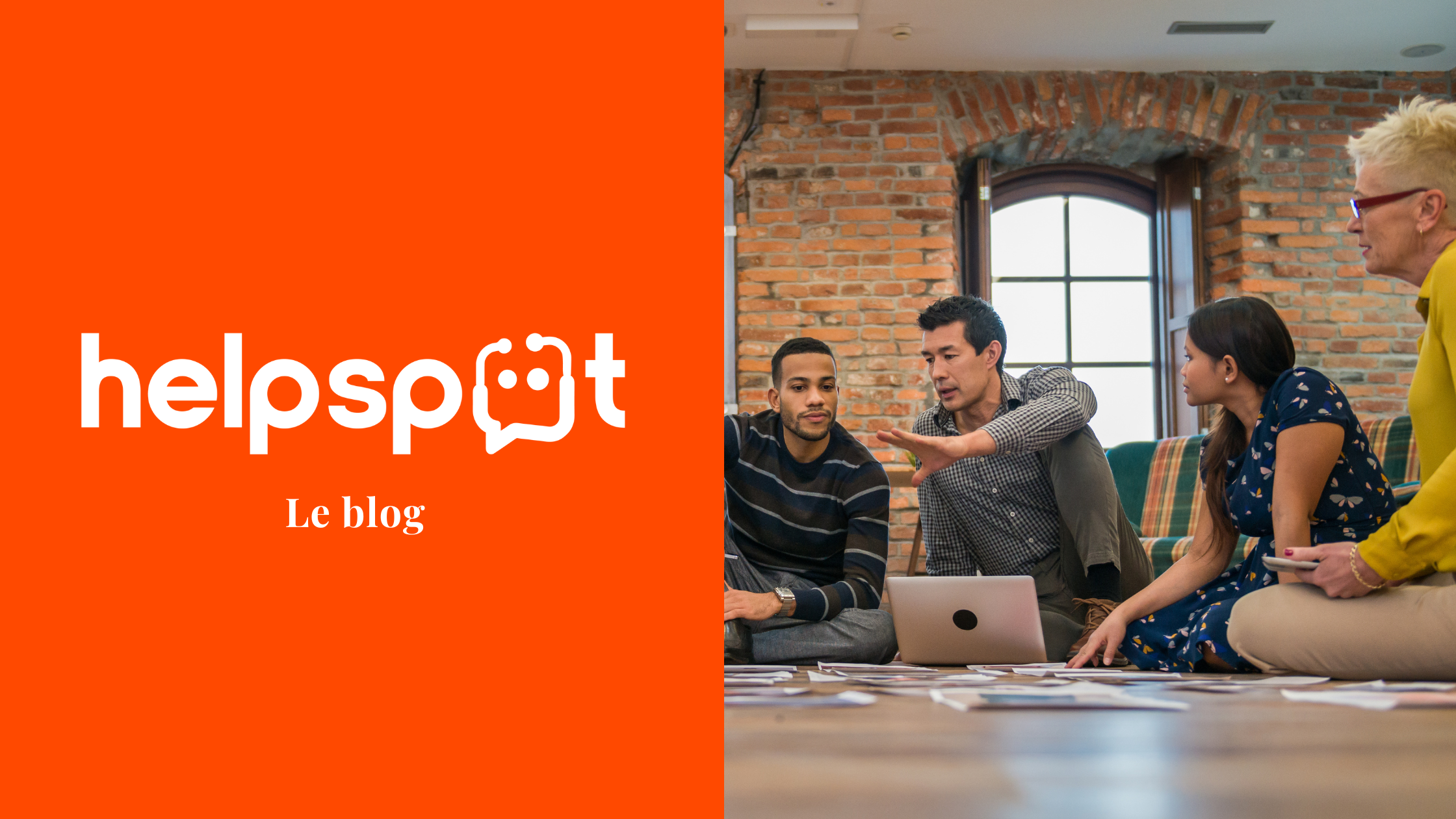 Photo d'une équipe en discussion sur le sol pour illustrer une agence HubSpot